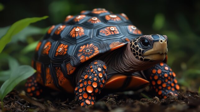 A tortoise with a shell adorned in patterns of nature crawling in the wild