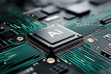 Stylized Microchip Featuring AI Label With a Minimalist Tech Background Showcasing Modern Digital Technology