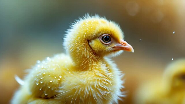 One broiler chick observes the camera with intrigue. Shallow depth of field.