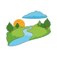  Serene river flowing through a Summer meadow at sunset vector