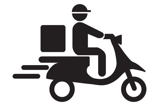 Shipping fast delivery man riding motorcycle icon symbol, Pictogram flat outline design for apps and websites, Track and trace processing status, Isolated on white background, Vector illustration.