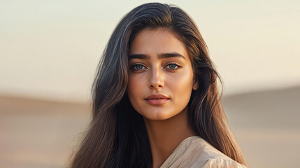 Fototapeta premium Natural Beauty Portrait of Indian Woman with Long Hair Outdoors generative ai