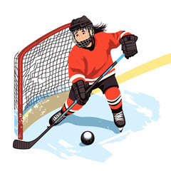 Obraz premium A young hockey player in red gear guards the goal with a stick on icy ground.