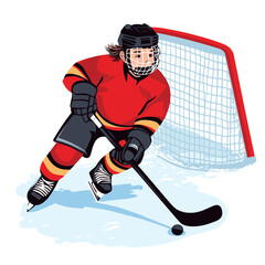 Fototapeta premium A young hockey player in red gear guards the goal with a stick on icy ground.