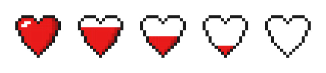 Obraz premium Set of pixel game red hearts icons. Health scale. Heart vector symbol. A collection of signs for the game, a progress bar, a health indicator, a life indicator. Isolated on a white background.