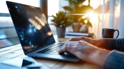 Businessman working on laptop with futuristic network interface displayed on screen, sitting at desk in modern office with plants and cup of coffee, sunlight from window in background