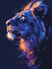 Blue and orange lion with a yellow eye