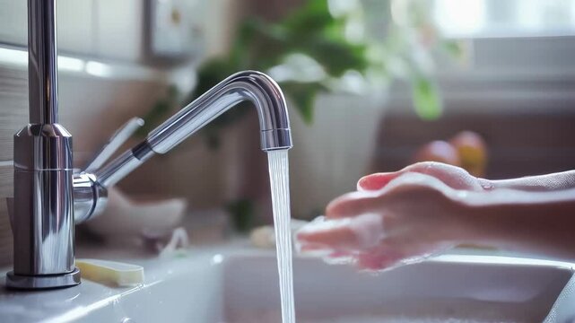 Close up of kid's hands being carefully washed with soap under running water, emphasizing hygiene
