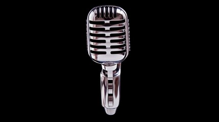 Classic microphone, vintage style, shiny metal design, perfect for music events or podcasting, set against a dark backdrop.