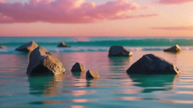 A rosy twilight sky is reflected on the beach and lonely rocks.
