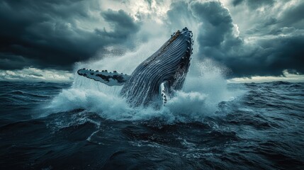 Fototapeta premium A humpback whale breaching the ocean is surface in a dramatic splash