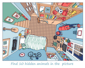 Find 10  hidden objects in the picture. Interior of teenager’s room from above with furniture and home objects. Cozy children room. Linear sketch vector illustration