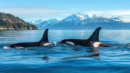 Obraz premium A pod of orcas swimming through icy waters beneath a clear blue sky