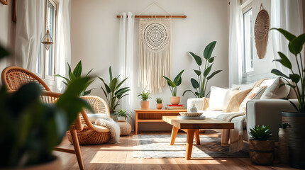 Bright boho-style living room with large windows, rattan armchair, natural wood coffee table, surrounded by indoor plants like monstera, fiddle leaf fig, cozy and earthy vibe, rustic wooden floor.