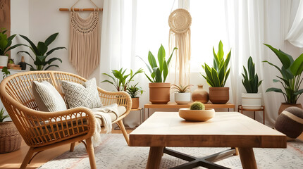 Bright boho-style living room with large windows, rattan armchair, natural wood coffee table, surrounded by indoor plants like monstera, fiddle leaf fig, cozy and earthy vibe, rustic wooden floor.