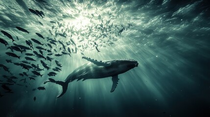 Naklejka premium A humpback whale swimming through a school of fish in the ocean
