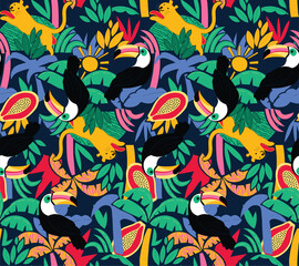 Seamless Tropical Jungle Pattern with Toucans, Leopards & Exotic Fruits – Colorful Cartoon Style