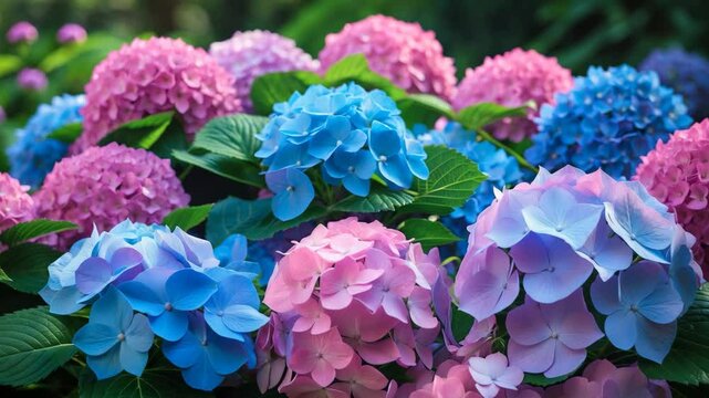 An impressive exhibition of bright pink and blue hydrangeas fully blossomed. The rich green foliage boosts the colors, forming a calm and scenic view.