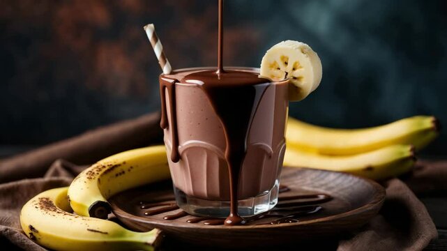An eye-catching cocoa smoothie in a glass, adorned with a slice. This dessert is perfect for a refreshing treat, offering both aesthetic appeal and great taste.