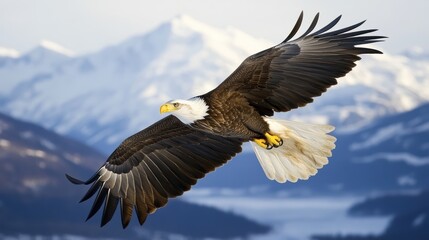 Obraz premium A bald eagle soaring high above a mountain range with clear skies