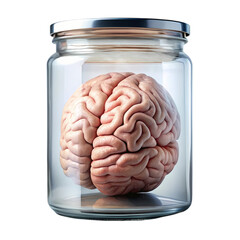 Human Brain in a Jar Medical Science Stock Image isolated on transparent background