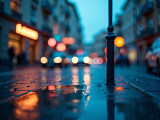 Obraz premium Rue pavée sous la pluie au crépuscule avec lumières urbaines floues 