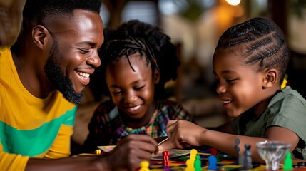 Cheerful father engaging with kids during board game, sharing laughter and strengthening family connection through playful interaction