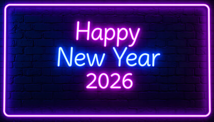 Neon Happy New Year 2026 greeting on a dark brick wall.
