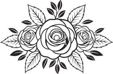 Three Roses with Leaves Line Art Illustration