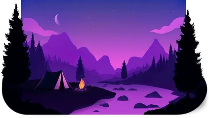 Obraz premium A simple vector graphic of a purple night sky, mountains, and trees in the background, a campfire