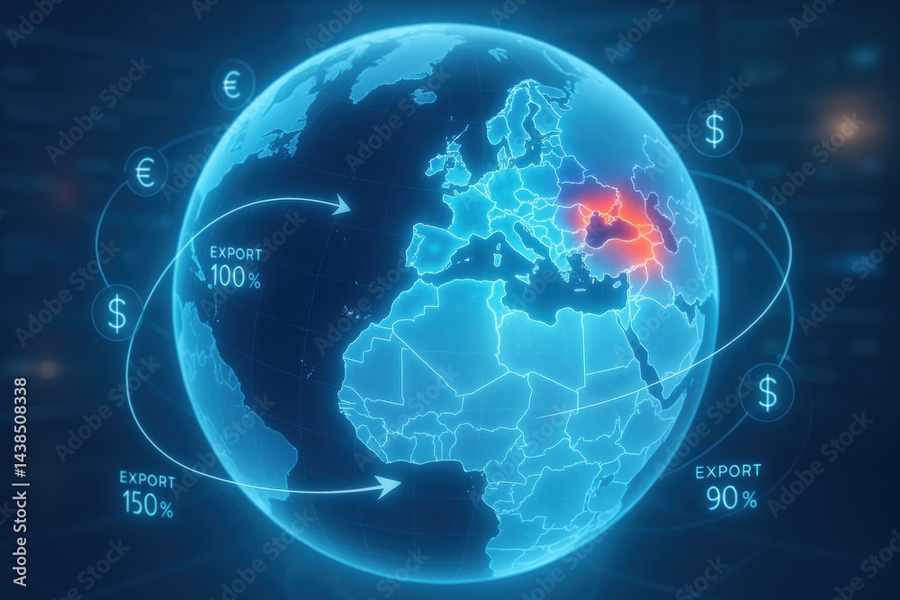 Poster global trade dynamics: an artistic rendering of the earth showcases a dynamic and futuristic view of