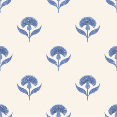 Indian Floral Block Print Seamless Vector Pattern, blue cornflowers on cream white with texture