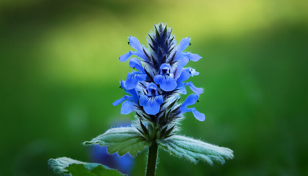 blue flower ajuga reptans or bugleweed on a green background spring flower