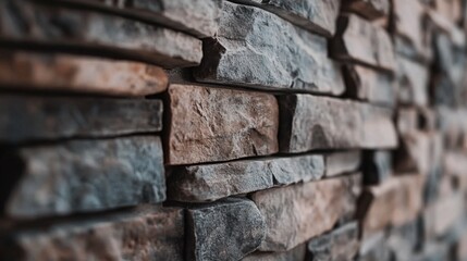 Textured stone wall, rustic gray and brown stones arranged unevenly, ideal for backgrounds or architectural design themes.
