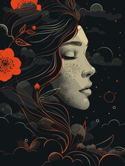 Woman's face is shown in a black and orange background