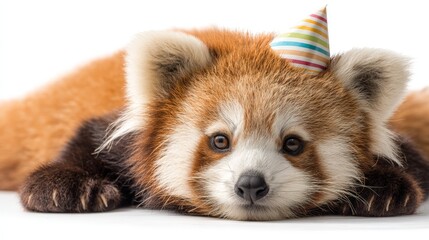 Obraz premium Adorable red panda wearing colorful party hat celebrates festively