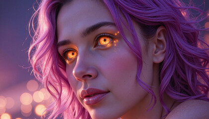 Fototapeta premium Enigmatic young woman with glowing eyes in a dreamy atmosphere 