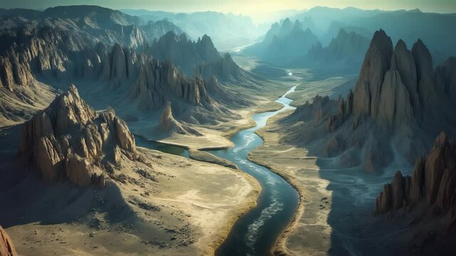 Overhead shot of jagged mountain landscapes with a parched river snaking through desolate grounds.