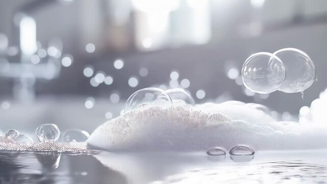 Delicate soap bubbles floating gracefully above sudsy white foam, illuminating serene bathroom ambiance with ethereal luminosity