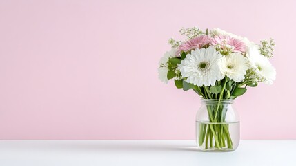 Fototapeta premium A clear glass vase filled with white and pink gerbera daisies on a white surface against a soft pink background, and minimalist floral arrangement.