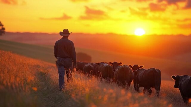 Golden Hour Cattle Drive: A silhouette of a lone cowboy leads his herd of cattle through a sun-kissed landscape, painted in the warm hues of a glorious sunset.