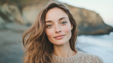 Smiling woman with wavy hair, beach setting, natural light, casual vibe, perfect for wellness or lifestyle themes.
