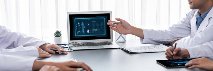 Medical science technology and futuristic healthcare virtual computer software analyze human health...