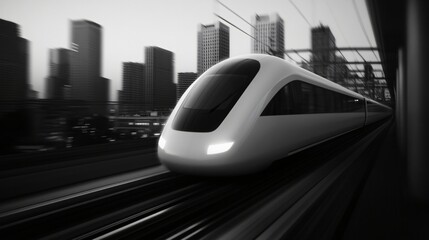 Sleek modern train speeding through urban landscape, futuristic design with city buildings in background, dynamic motion.