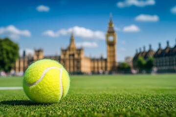 Tennis ball on a grassy court in London
