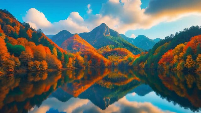 Breathtaking sight of Lake with colorful fall trees.