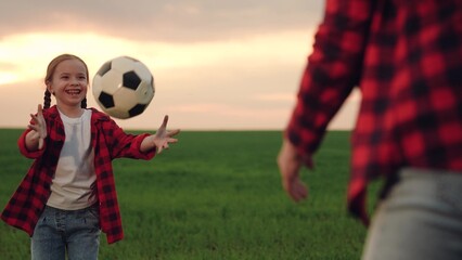 mother playing with child kid soccer field, child playing soccer ball with parent green lawn, happy...