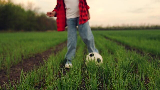 child kid baby girl run across green lawn sunset, kicking soccer ball, playing football field, childhood dream happy kid, soccer ball closeup, friendly soccer match, recreational soccer fun, outdoor