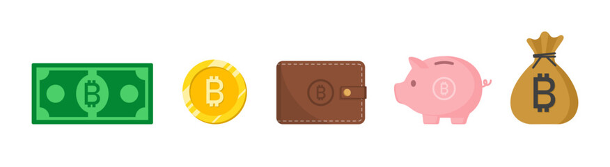 Piggy bank, coin, wallet, banknote, money bag sack icon set with bitcoin crypto currency symbol vector illustration. Business, money and finance icons collection elements design.