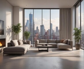 Chic minimalist apartment, breathtaking cityscape,  dawn,  night view,  dining area